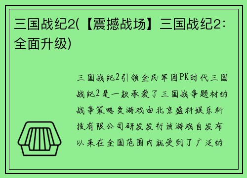 三国战纪2(【震撼战场】三国战纪2：全面升级)
